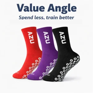 AZU non-slip grip socks 3 pack bundle in red, purple and black with anti-skid grip soles – athletic crew socks for gym, training, yoga and sports performance