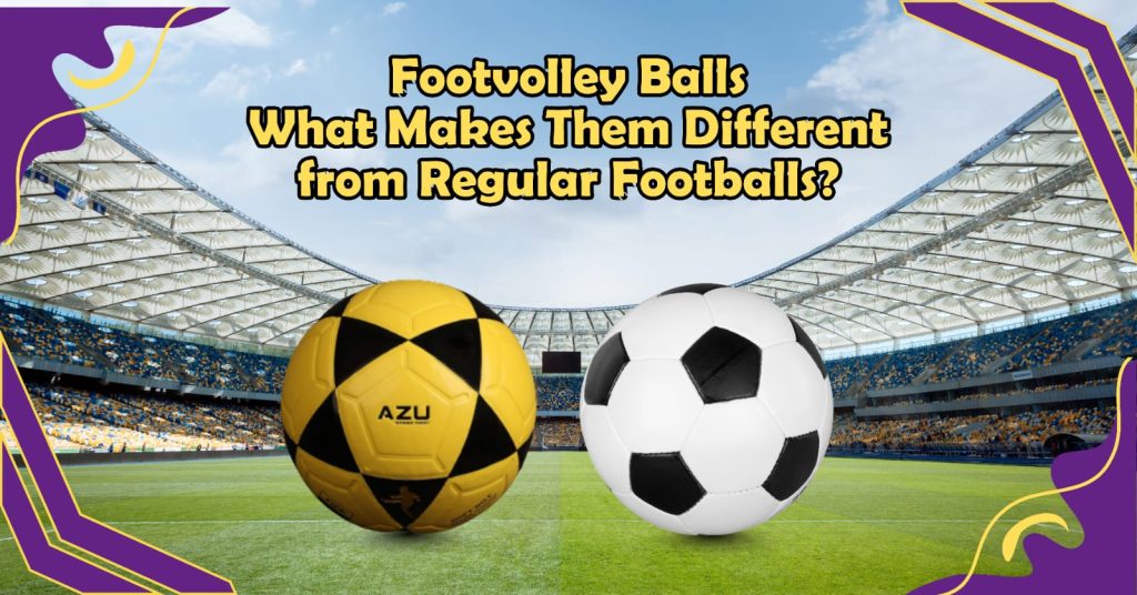 Footvolley ball compared with a regular football on a stadium field, highlighting size, design, and performance differences
