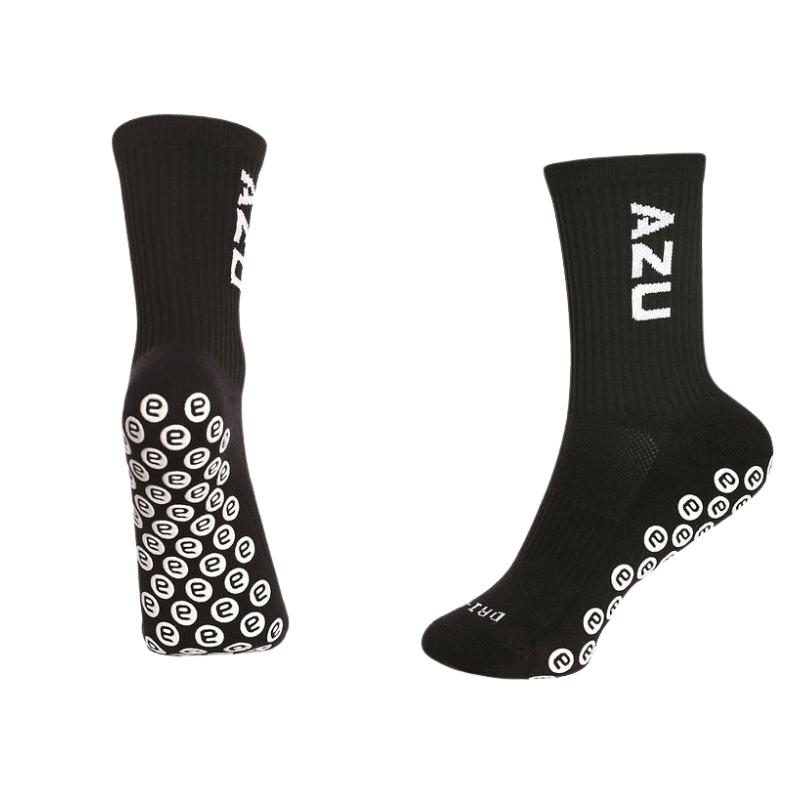AZU black grip socks single pair with anti-slip grip sole pattern – non-skid athletic crew socks for gym workouts, training, yoga and sports performance